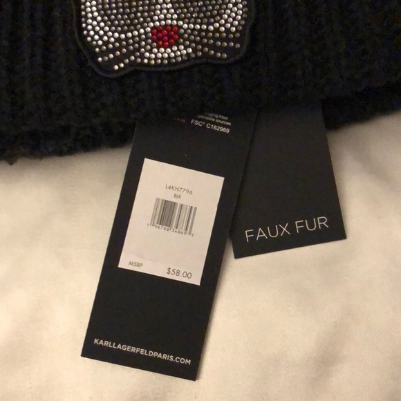 Karl Lagerfeld Paris Black Ribbed Beanie Choupette Patch Faux Fur Pom Pom OS NWT - Picture 4 of 16